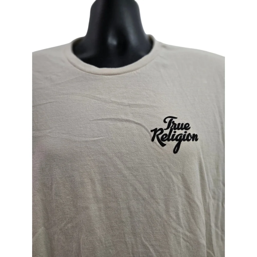 True Religion Men's XL Beige T-Shirt Buddha Guitar Graphic Horseshoe Sleeve Logo